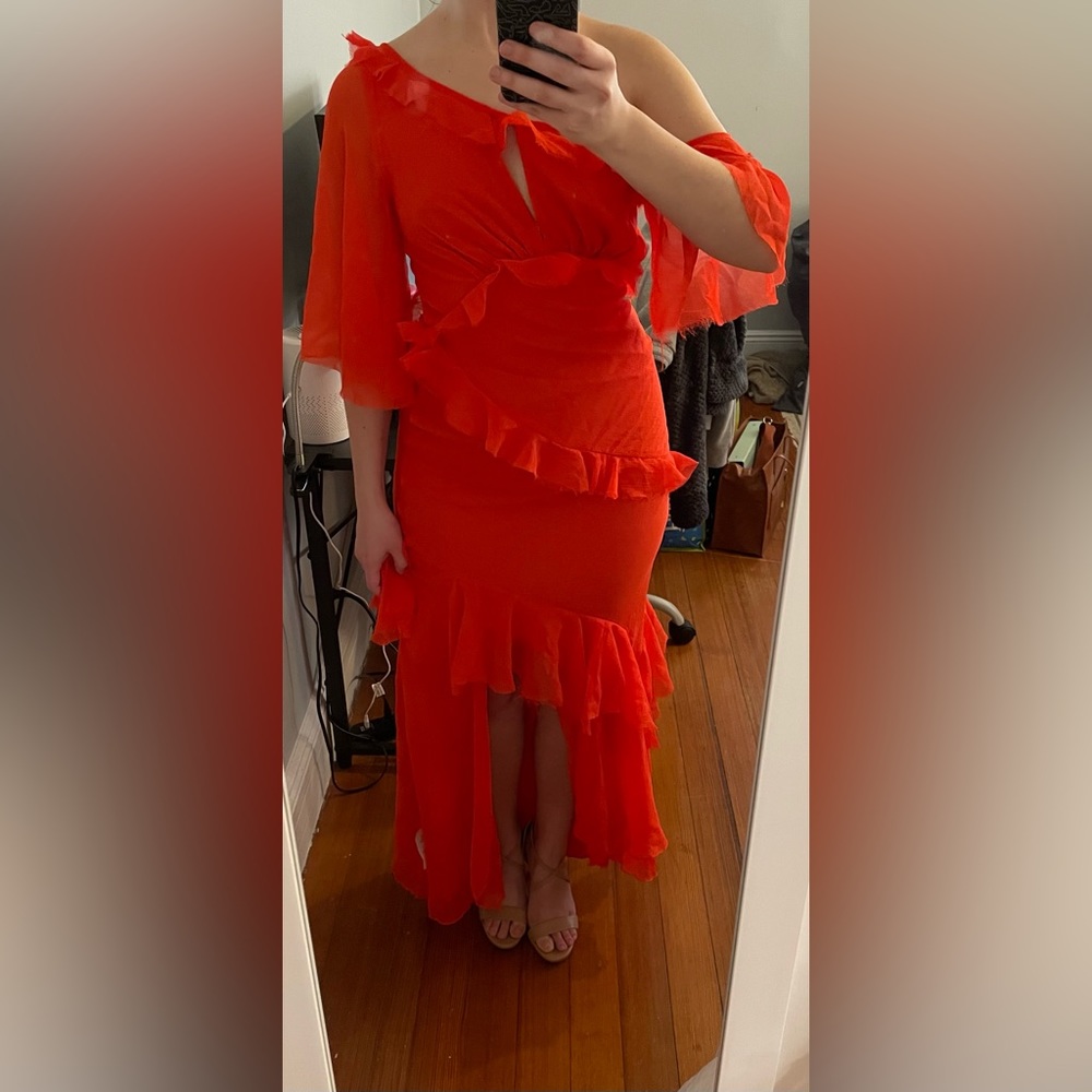 ASOS DESIGN fallen shoulder maxi dress with bias ruffle detail in red